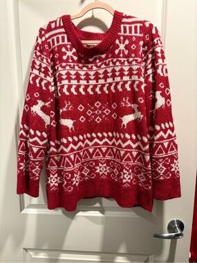 Maurices Red and White Fair Isle Reindeer Crewneck Sweater